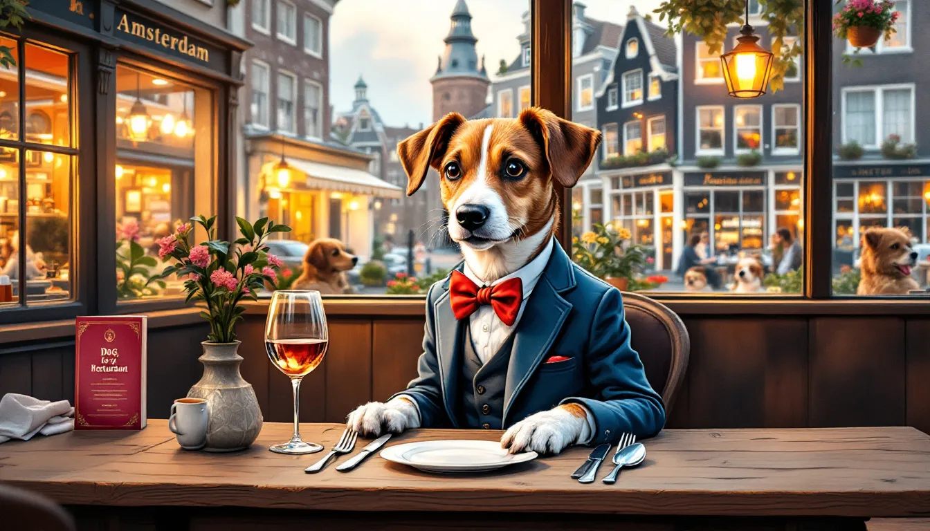 A dog sitting politely at a dining table, showcasing dining etiquette.