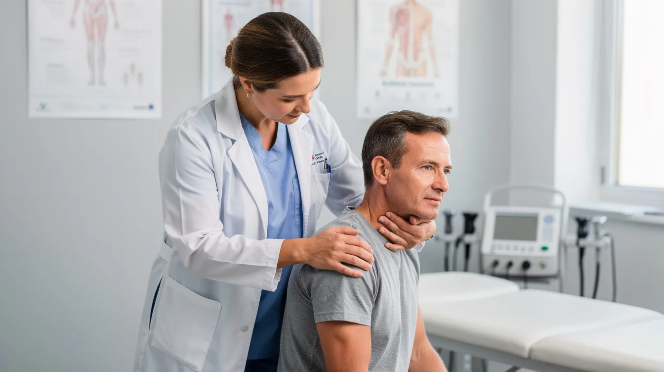 A medical professional is carefully examining a patient's shoulder and neck in a clinical setting, providing necessary medical attention possibly related to a rideshare accident. The environment is clean and organized, emphasizing the importance of addressing medical expenses and injury claims for accident victims.