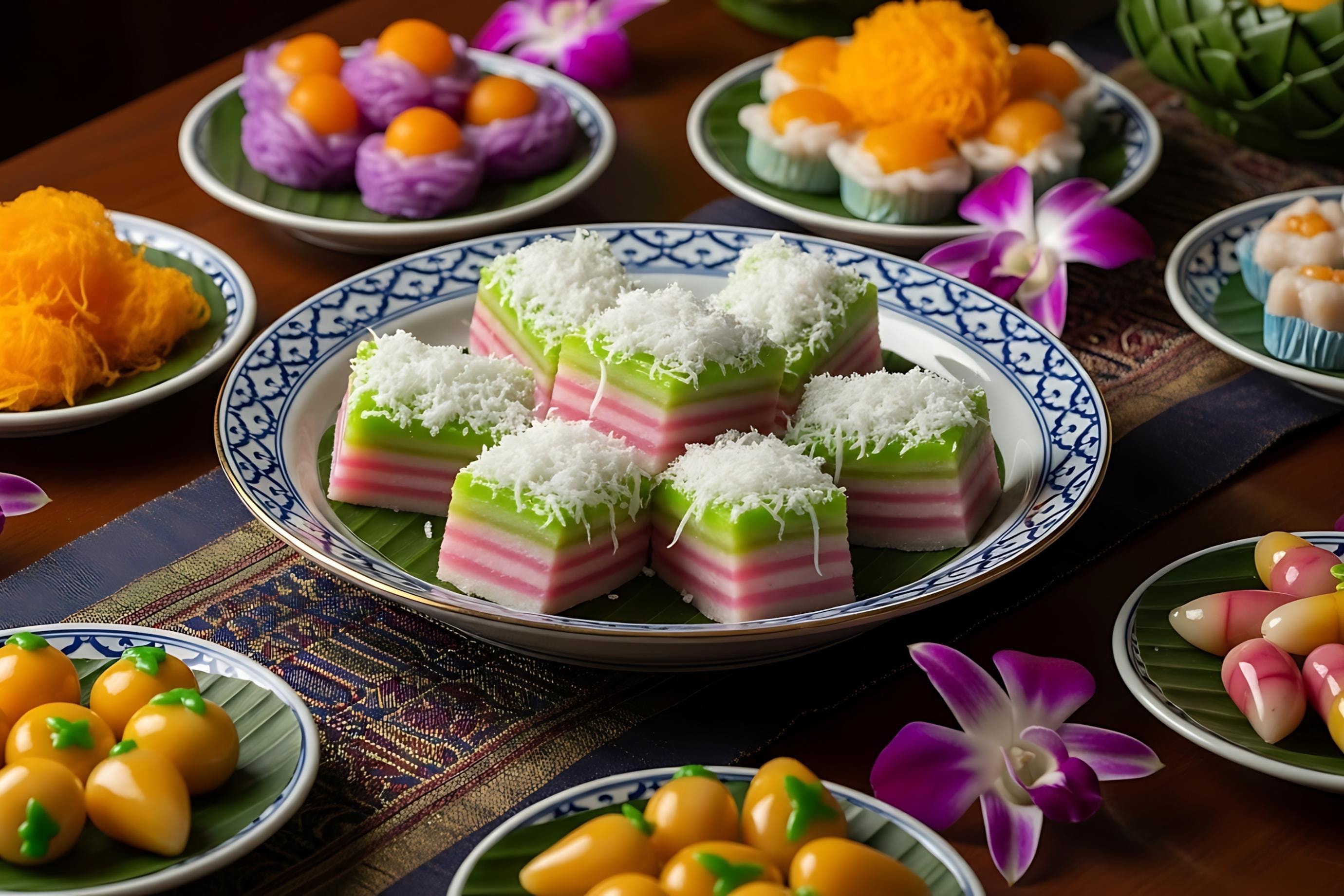 This image displays a centerpiece plate of beautiful pink, white, and green layered Thai desserts, topped with shredded white coconut, and placed on a blue and white patterned ceramic dish.