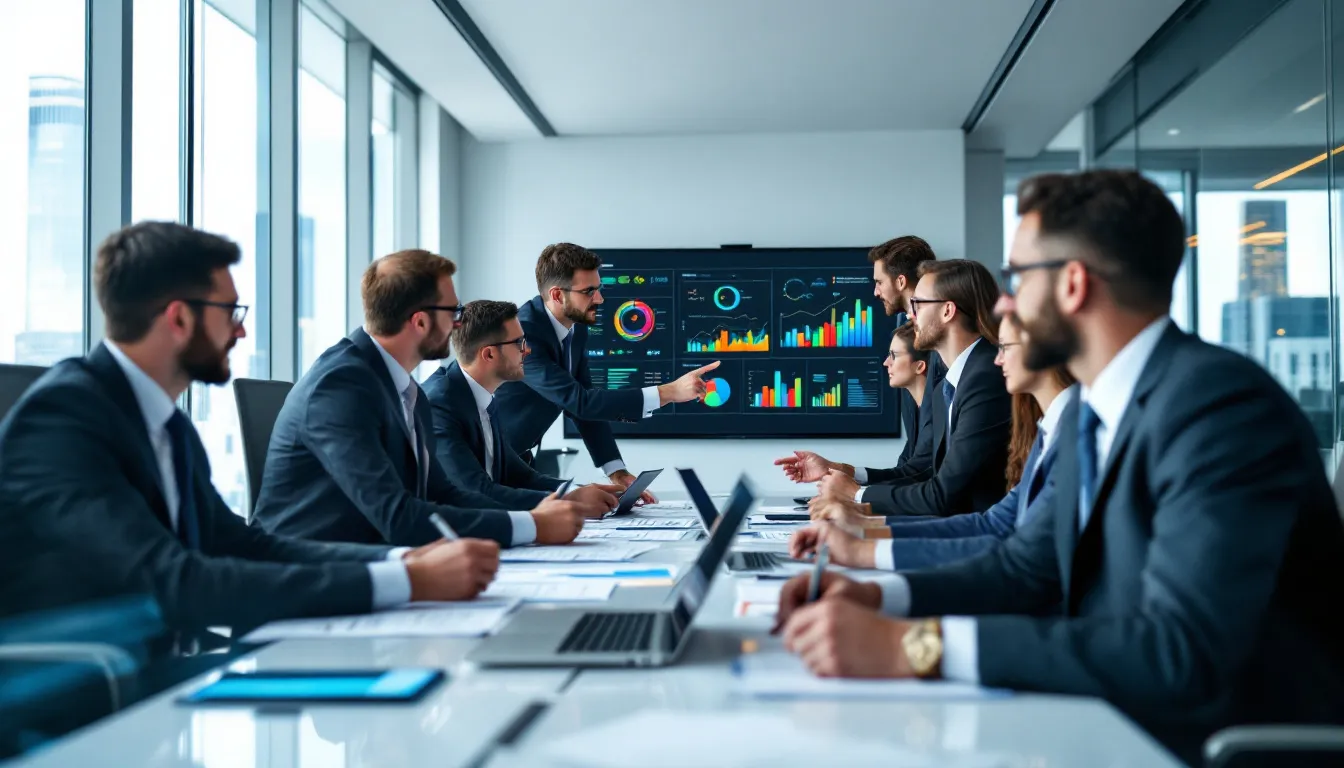 In a modern conference room, business professionals are engaged in reviewing data analytics dashboards, discussing insights derived from large datasets and the capabilities of various data virtualization platforms. They focus on the integration of data sources and the performance of SQL queries within the Hadoop ecosystem to enhance big data analytics for their organizations.