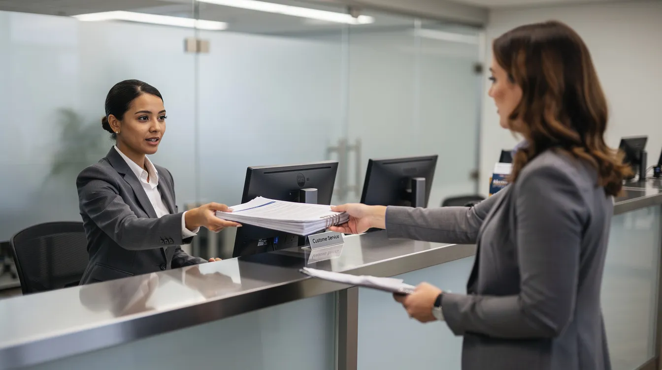 A person is handing over a file of documents at a bank counter, likely related to a mudra loan application for a small business. The scene captures the interaction with a financial institution, emphasizing the importance of proper documentation for securing financial assistance under the Pradhan Mantri Mudra Yojana.