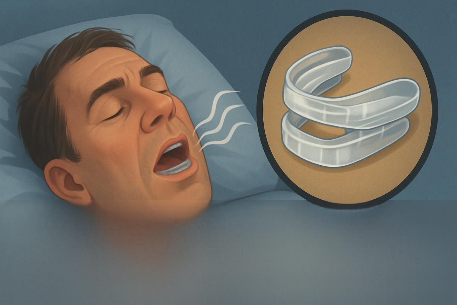 Snorkeskinne: Liten Skinne, Stor Effekt på Søvnen 17 En mann sover fredelig med en snorkeskinne i munnen, noe som hjelper ham med å puste lettere og redusere snorking.