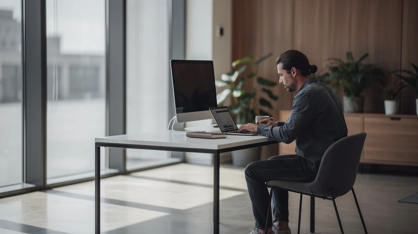 A startup founder is focused on their laptop in a modern, quiet workspace, possibly strategizing on business formation or seeking legal guidance for their emerging company. The atmosphere suggests a blend of creativity and professionalism, essential for navigating the complexities of startup law and protecting intellectual property.