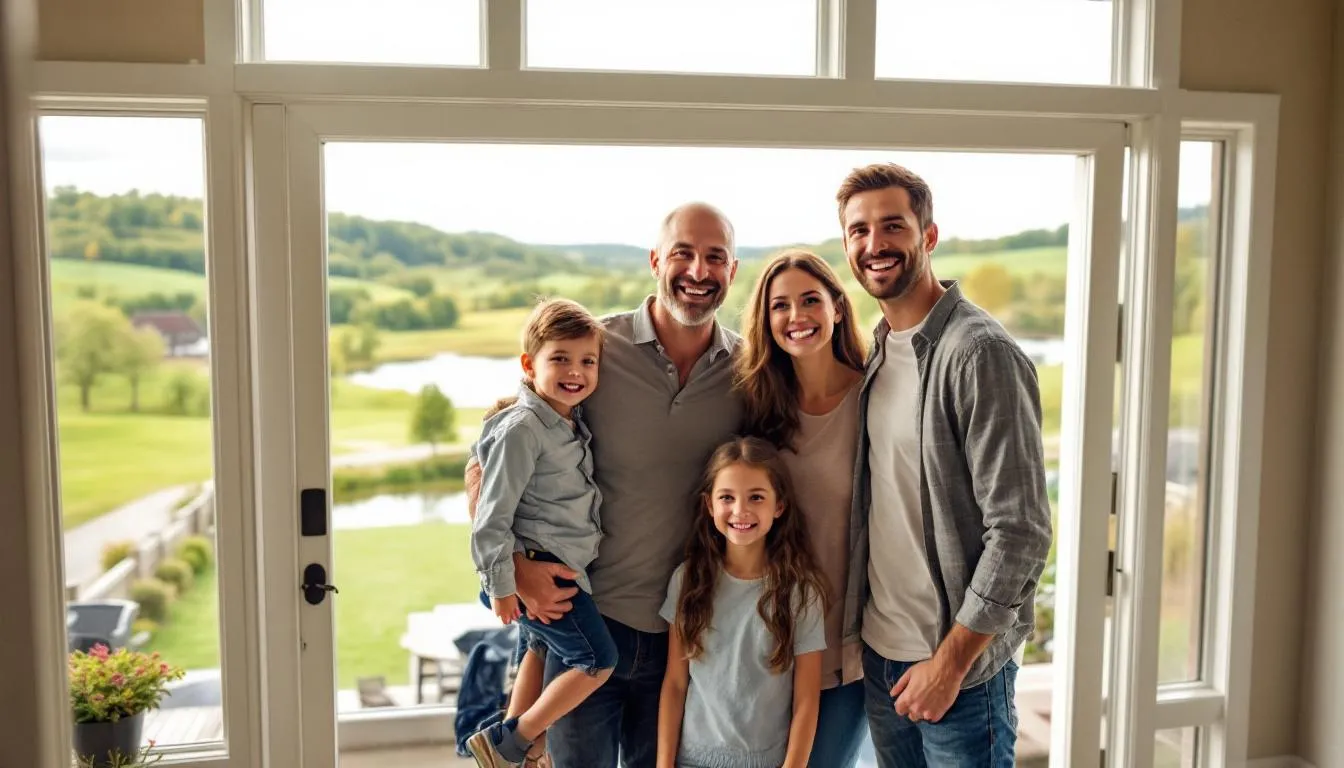 A joyful family stands in their new single-family home, celebrating their recent purchase against a picturesque Connecticut backdrop. They are likely first-time homebuyers, relieved to have navigated the home buying process with the help of a real estate agent and various homebuyer assistance programs.