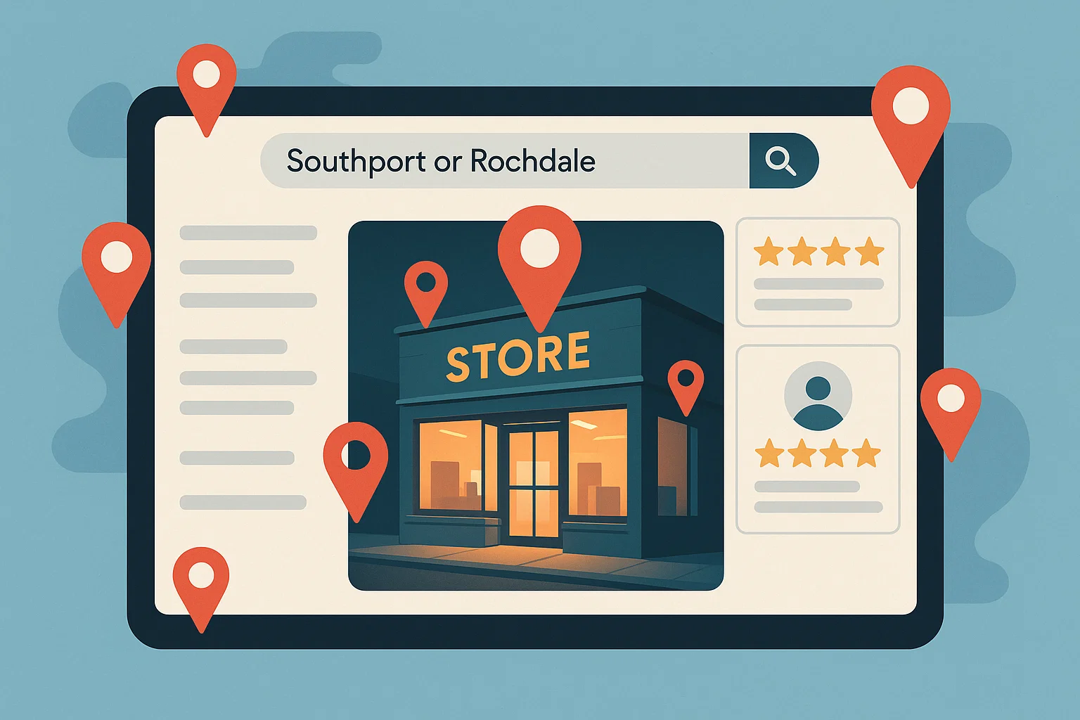 Visual of a Southport or Rochdale business highlighted in local search results with map pins and online reviews.