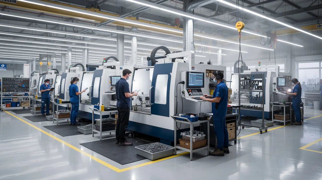 The image shows a modern CNC machining factory floor in China, featuring rows of advanced CNC machining centers and operators diligently monitoring the production process. The environment showcases various CNC machines, including milling machines and CNC lathes, highlighting the precision engineering and quality control involved in manufacturing high precision CNC machined parts.