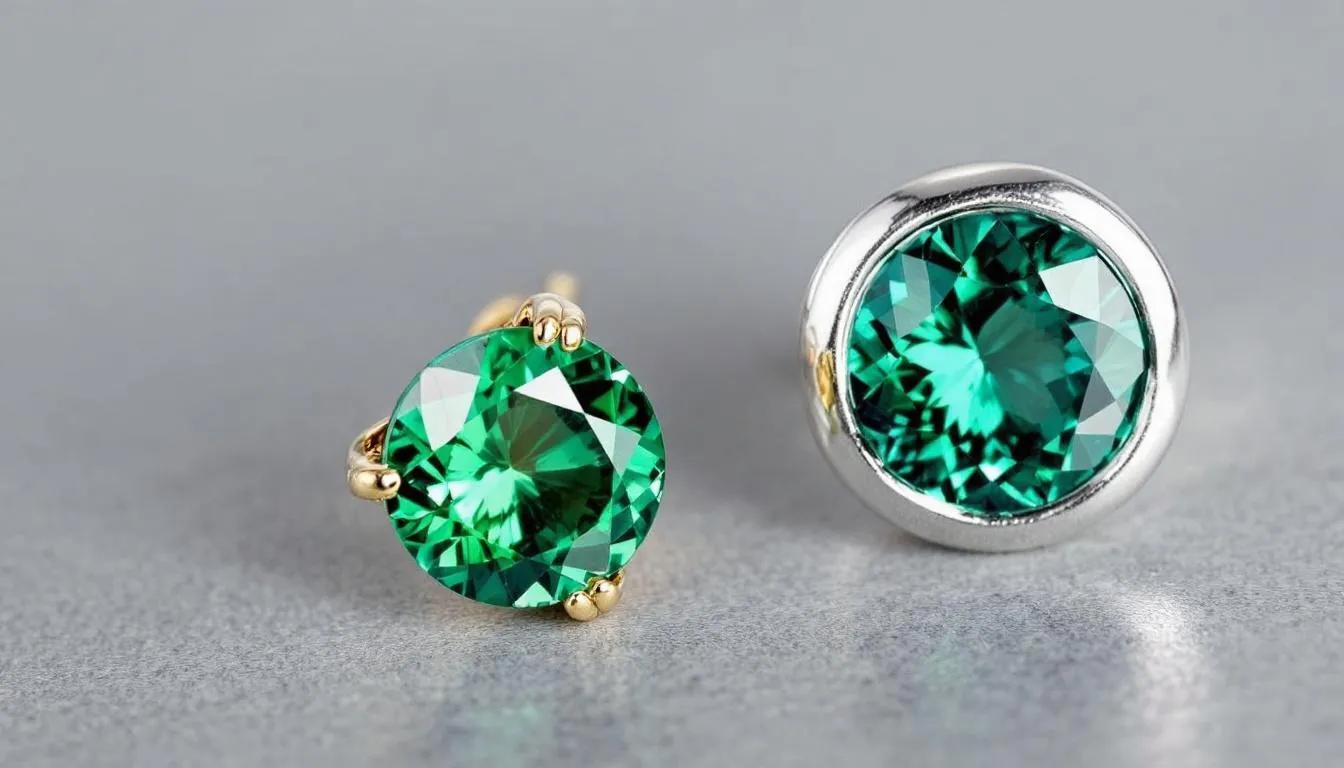 The image shows a close-up comparison of stunning emerald earrings set in different metal settings, including yellow gold, white gold, and sterling silver. Each pair highlights the unique elegance and colour of the emeralds, showcasing their beauty within a diverse jewellery collection.