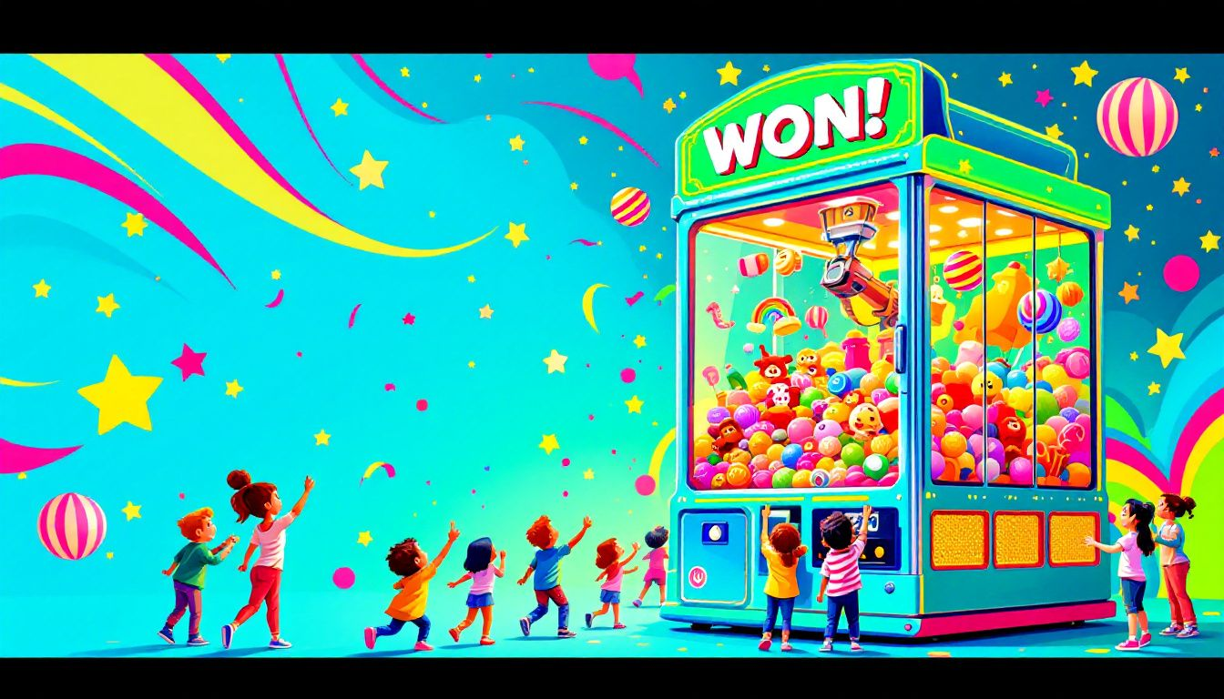 A prize crane claw machine in action, players trying to win prizes.