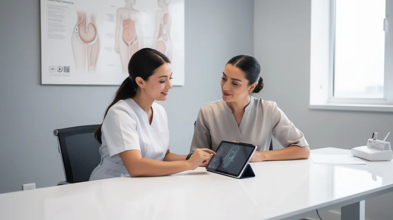 A medical provider is consulting with a patient in a clean clinic, discussing body contouring goals and the potential benefits of Sculptra injections for a non-surgical butt lift. They are reviewing the patient's medical history and treatment plan to stimulate the body's natural collagen production for desired results.