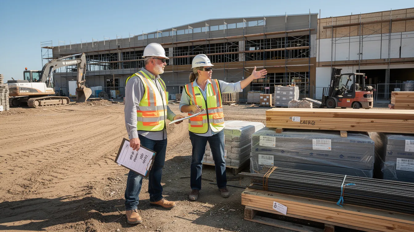 A construction supervisor speaks privately with a crew member on a jobsite, illustrating supportive field leadership and routine check-ins as part of a safer jobsite culture.