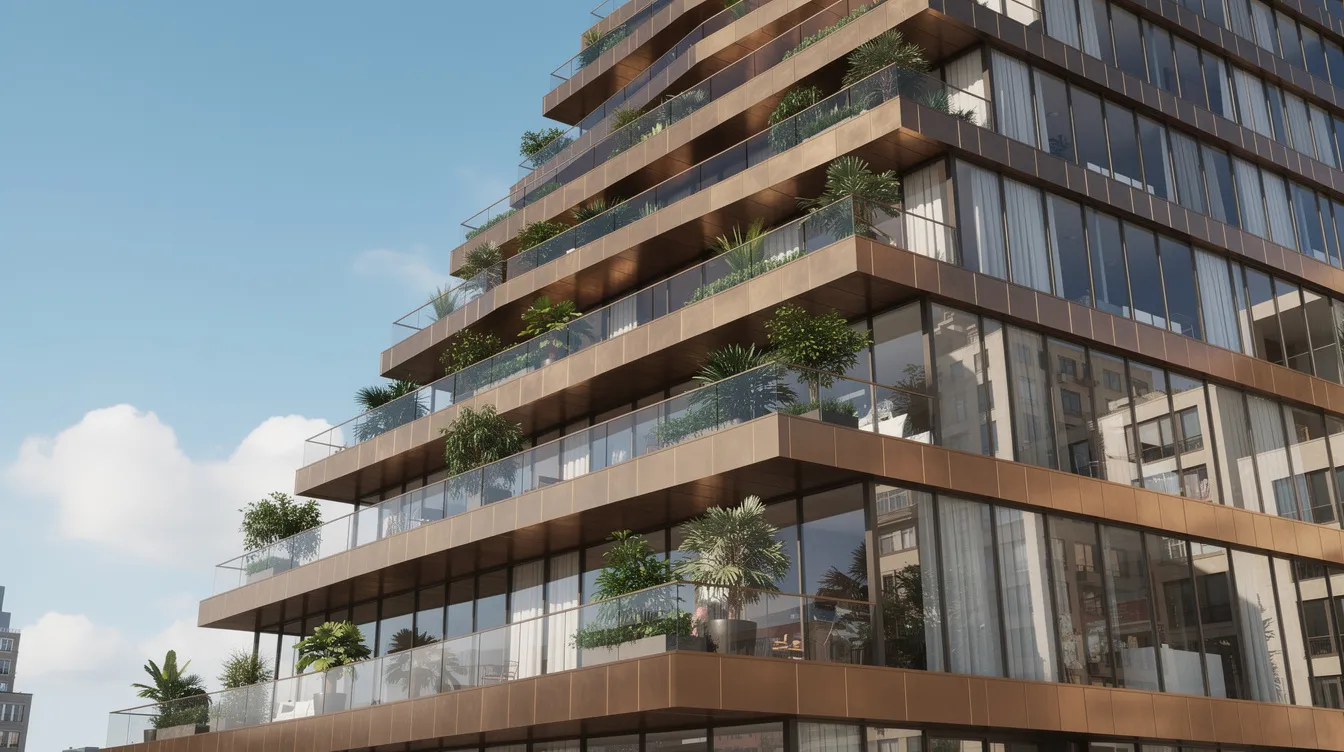 The image features a modern condominium building with stepped terraces and a striking bronze metallic facade, set against a clear blue sky. This architectural design enhances the vibrant community atmosphere of Toronto's waterfront, providing residents with stunning water views and easy access to amenities like the nearby outdoor pool and parks.
