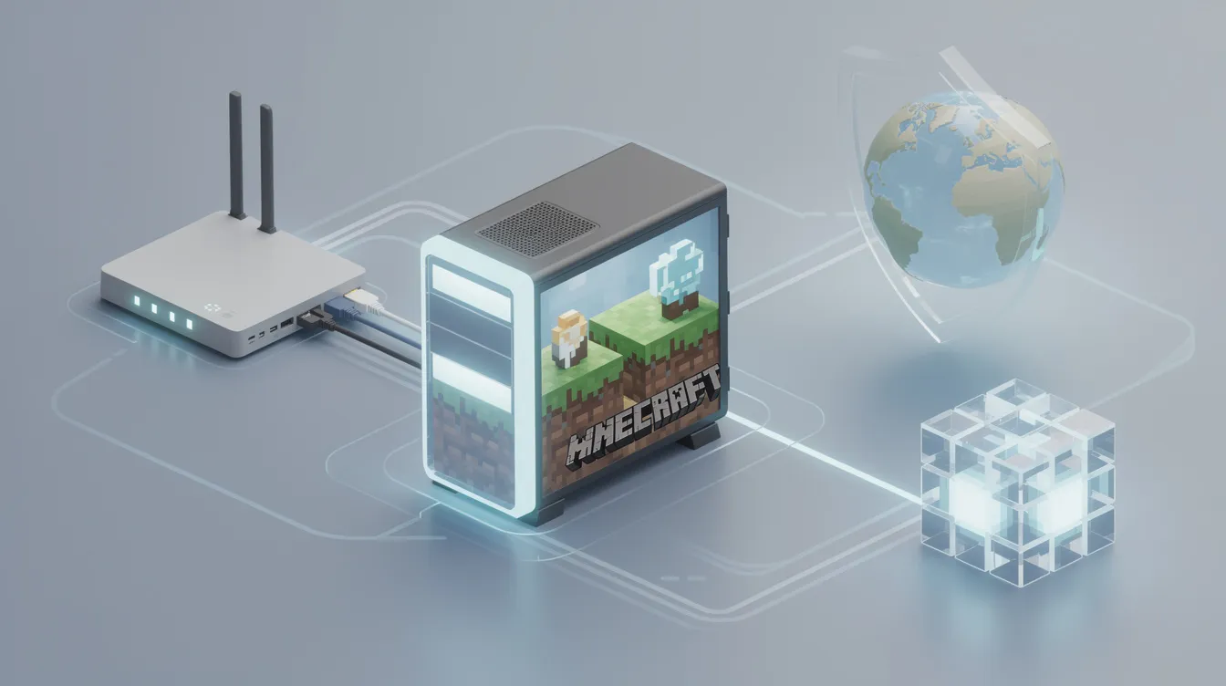 An illustration depicting the essential steps for setting up a Minecraft server before port forwarding, including installing official server software, verifying local connectivity, and checking antivirus settings. The image visually represents the concepts of local and public IP addresses, port forwarding rules, and server settings, emphasizing the importance of a functional local server for successful external connections.