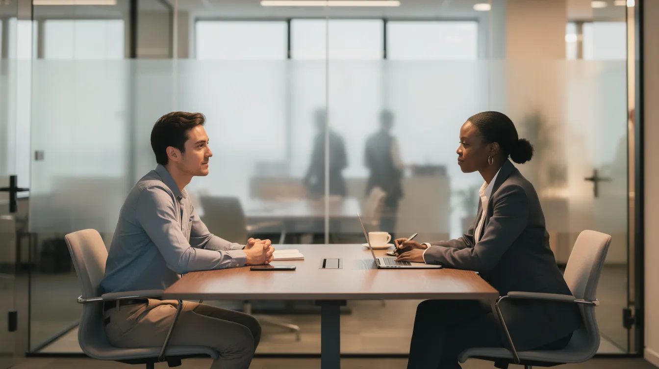 Un manager est en entretien individuel avec un collaborateur dans un bureau vitré, créant un espace propice à l'ouverture et à la collaboration. Cette image illustre l'importance des relations au travail et du respect mutuel dans un cadre professionnel.