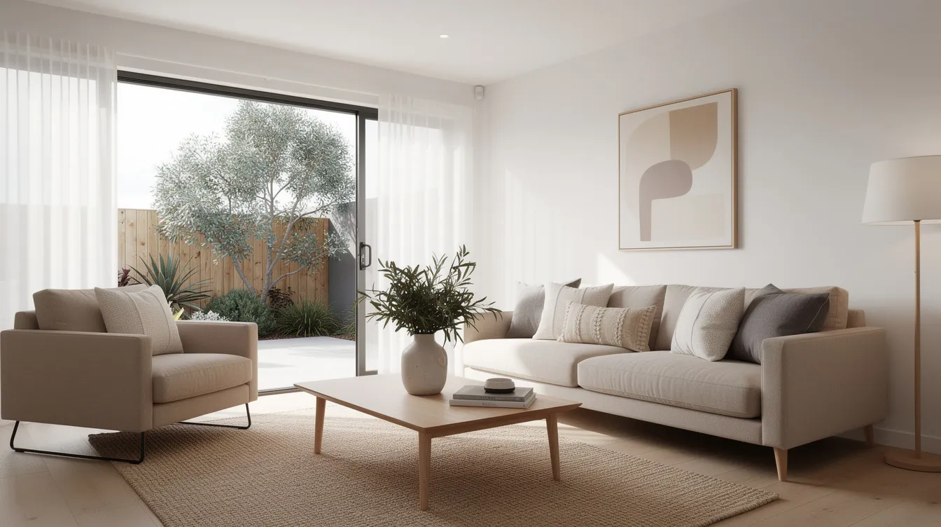 The image features a modern Australian living room showcasing a coordinated neutral-toned couch and armchair set, including a plush 3-seater modular sofa and an accent chair. The inviting space is styled with a light grey color palette, complemented by soft cushions and a stylish coffee table, creating a cozy atmosphere for quality time with family.