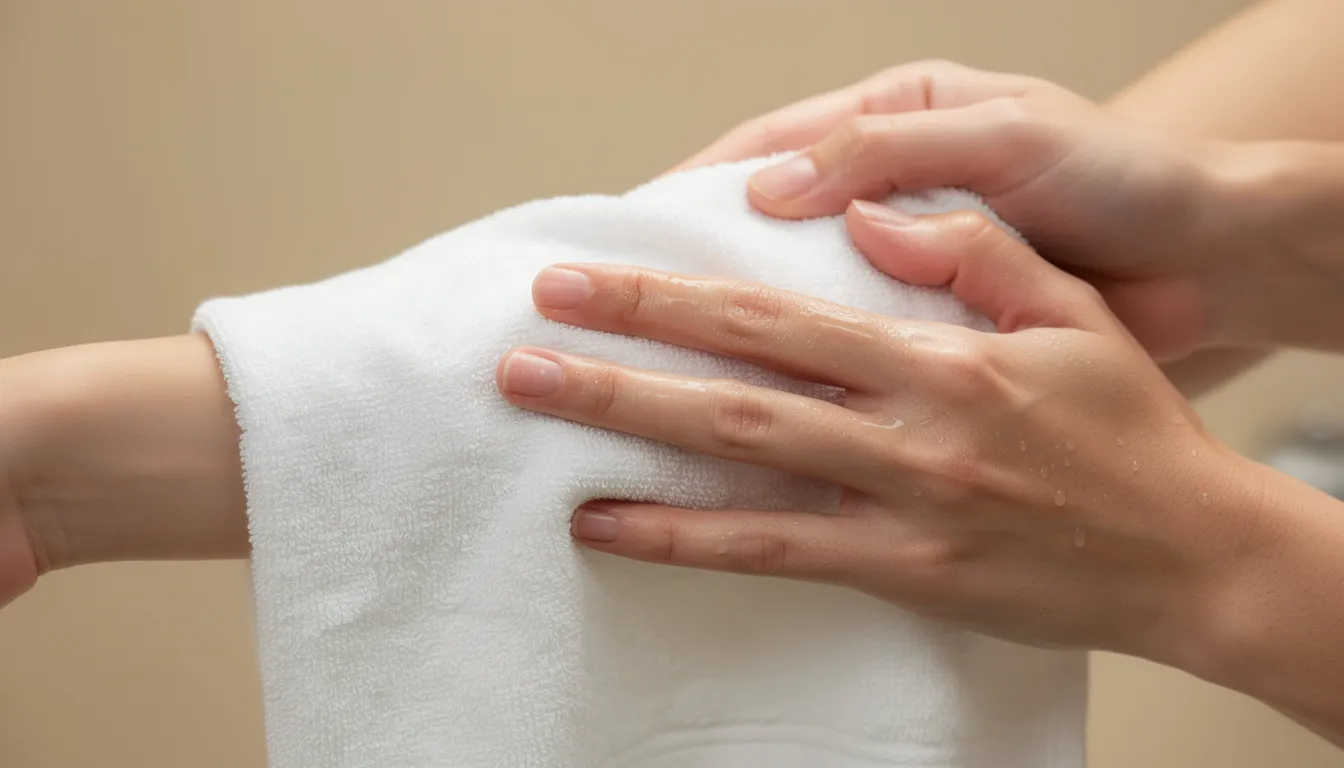 A pair of hands gently patting an arm dry with a soft white towel, emphasizing the smoothness of the skin after a shower. The image captures the essence of a nourishing skincare routine, perfect for maintaining hydrated skin, especially during colder months.