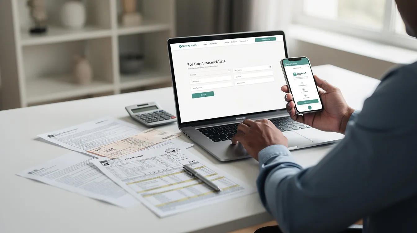 A person is seated at a desk, focused on a laptop and smartphone while applying for a loan online, with various financial documents spread out nearby. The scene suggests an organized approach to managing personal finances, possibly involving calculations for monthly repayments and interest rates.