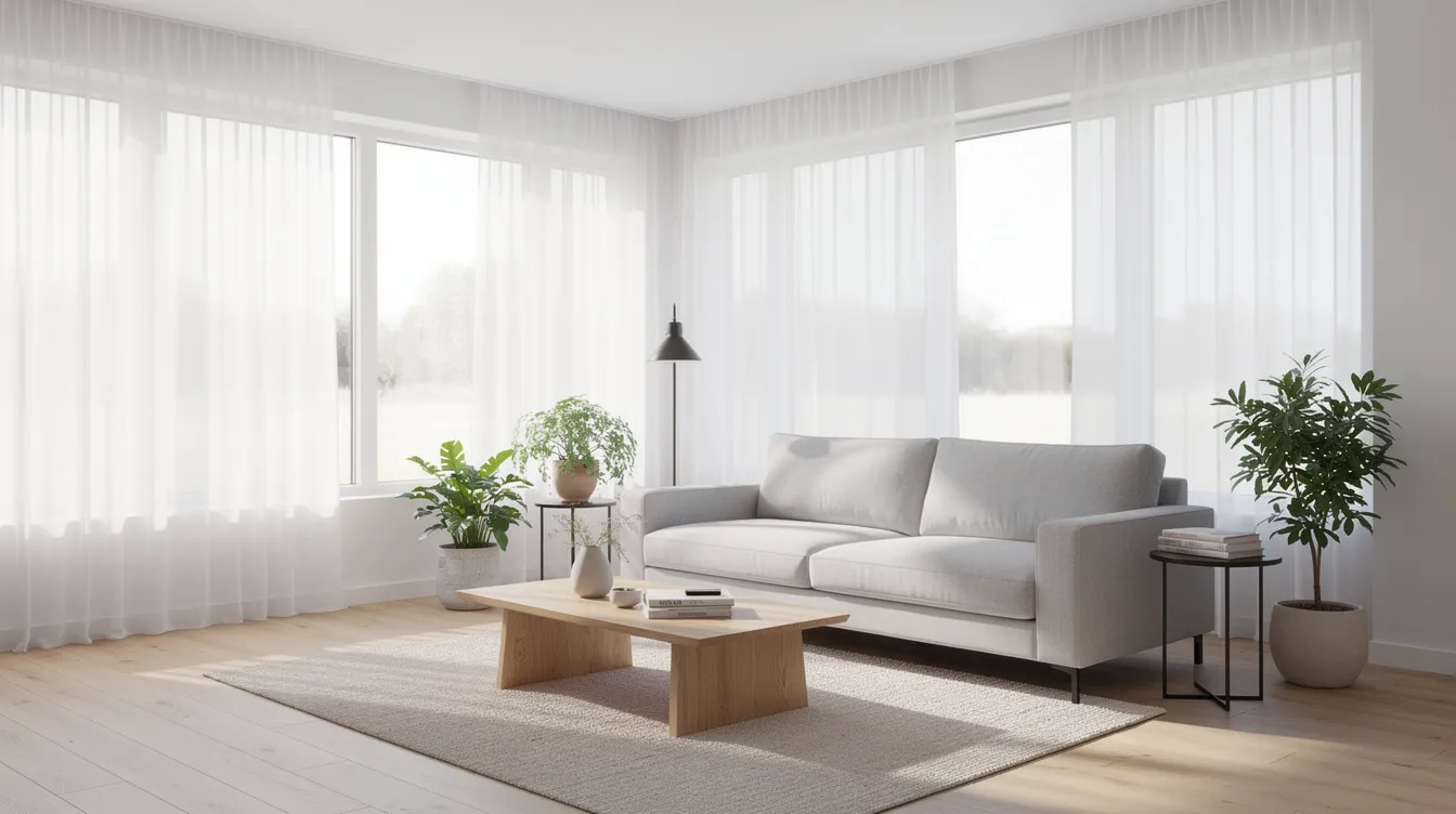 En ljus skandinavisk inredning med ett hörnfönster som har långa gardiner hängande från tak till golv, vilket ger rummet en luftig och elegant känsla. Gardinstången är diskret monterad och bidrar till den harmoniska atmosfären i rummet.