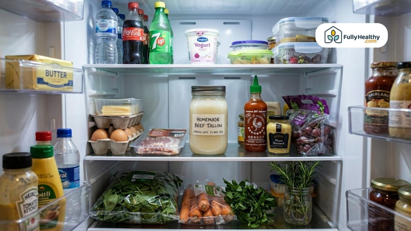Homemade beef tallow stored in refrigerator among groceries and condiments