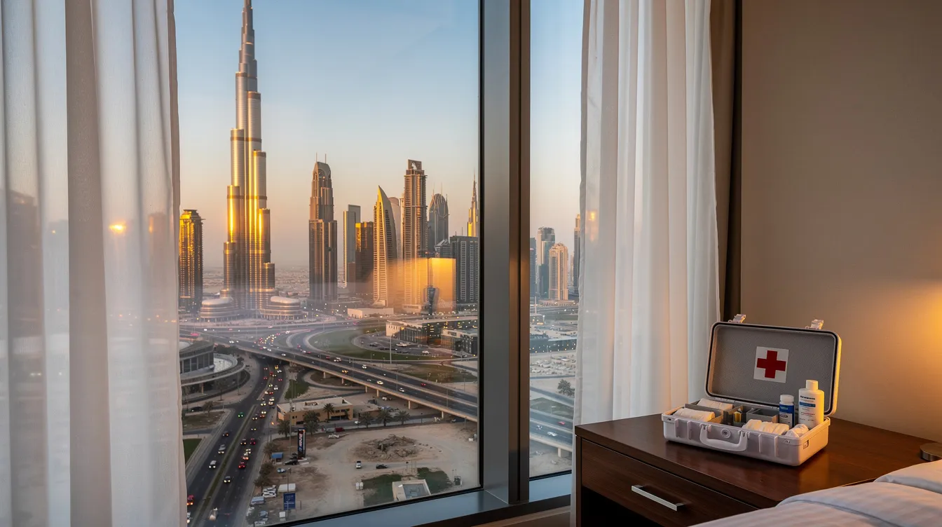 The image shows a stunning view of the modern Dubai skyline from a hotel room window, with a small medical kit placed on a side table, suggesting the availability of professional medical care and doctor on call services nearby. The scene captures the blend of luxury and healthcare accessibility in the vibrant city.