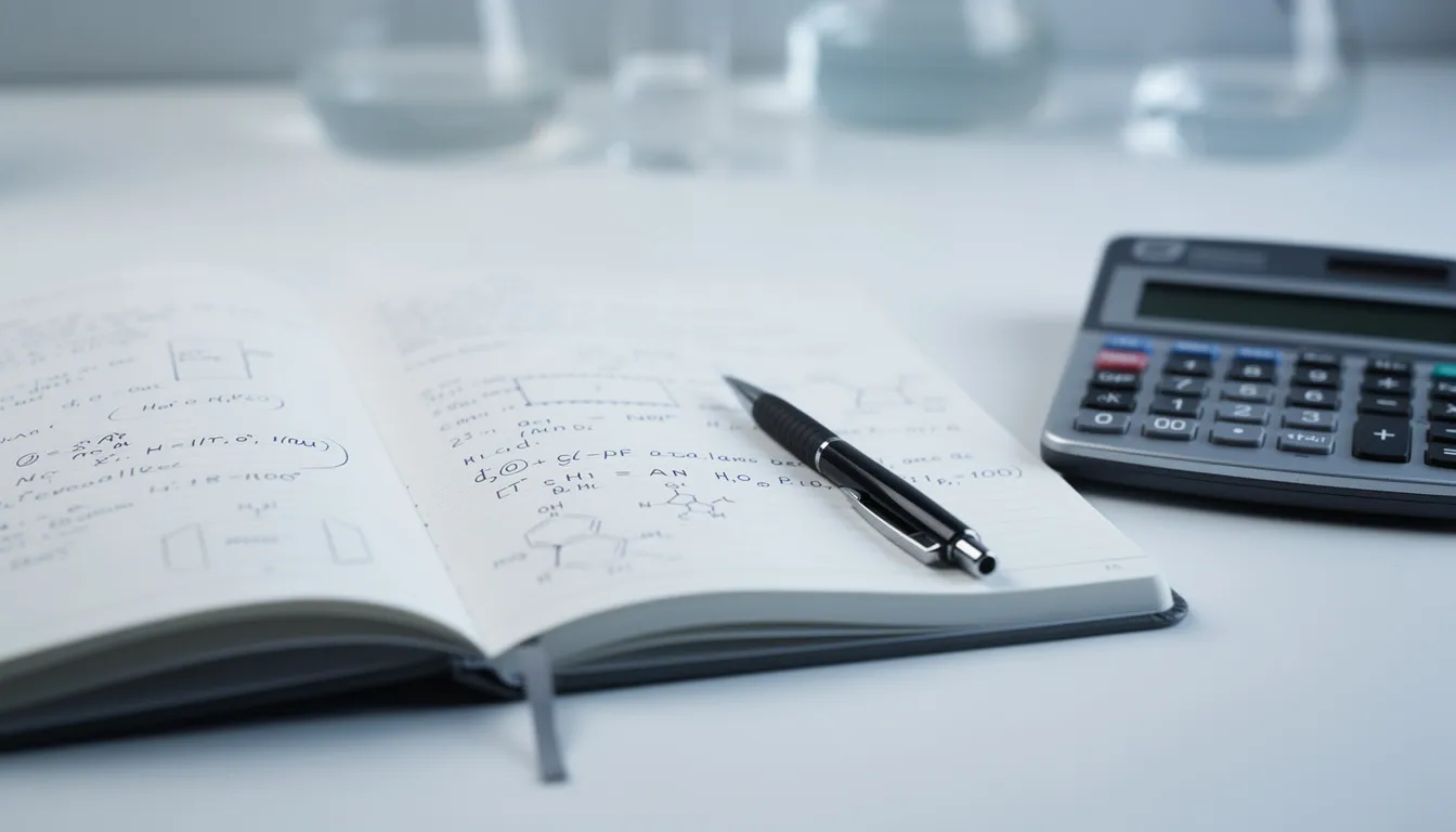 The image shows an open laboratory notebook filled with handwritten notes, alongside a pen and a calculator, suggesting a focus on research related to peptide dosage and reconstitution. This setup indicates an environment where scientists might be calculating peptide amounts for applications in health, such as muscle growth or weight loss.
