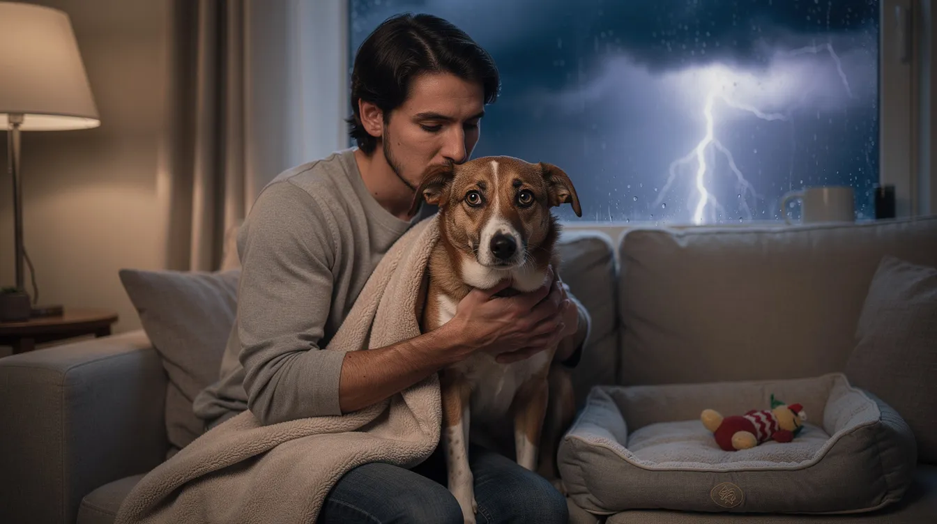The image depicts a calm interior room where an anxious dog is nestled in a cozy crate, surrounded by soft blankets, illustrating a safe space for managing dog thunderstorm anxiety. The atmosphere is serene, emphasizing the importance of creating a comforting environment to help reduce the dog's fear response to storm noises.