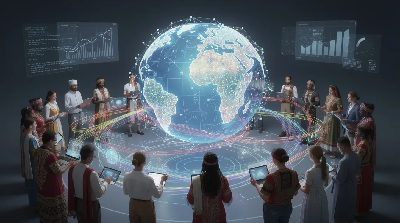The image depicts a diverse group of people from various cultures gathered around a globe, representing the concept of global data representation and the interconnectedness of different communities in the realm of artificial intelligence and machine learning. This visual symbolizes how AI models learn from diverse training data to make accurate predictions and recognize patterns across the world.