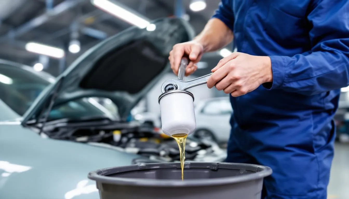 An illustration depicting the process of an oil change, showcasing a mechanic replacing old oil with new motor oil and an oil filter in a car's engine. The image emphasizes the importance of regular oil changes for vehicle maintenance and the time it typically takes for this service.