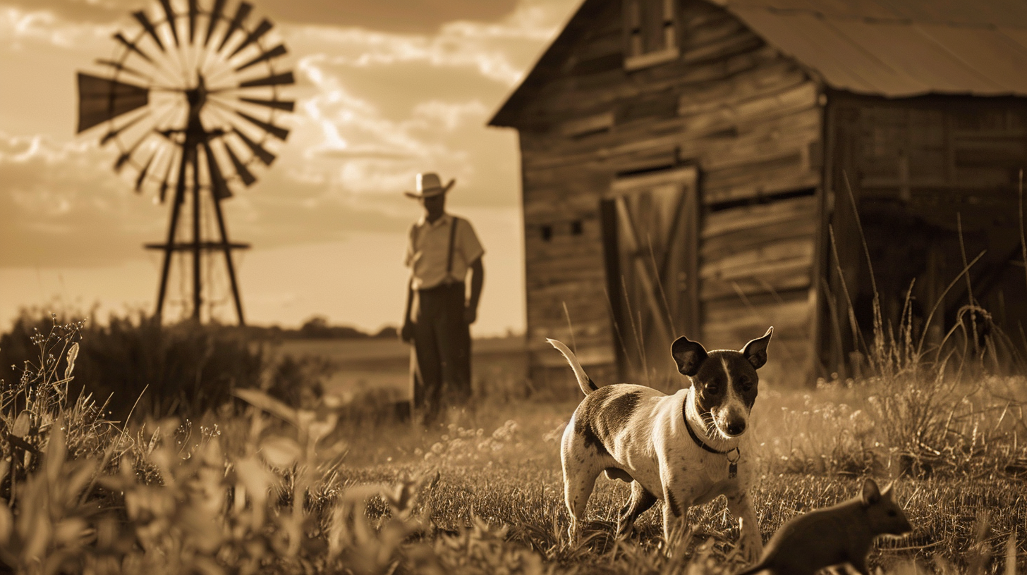 An historic image of the Rat Terrier in an historic setting defending a barn from a rat