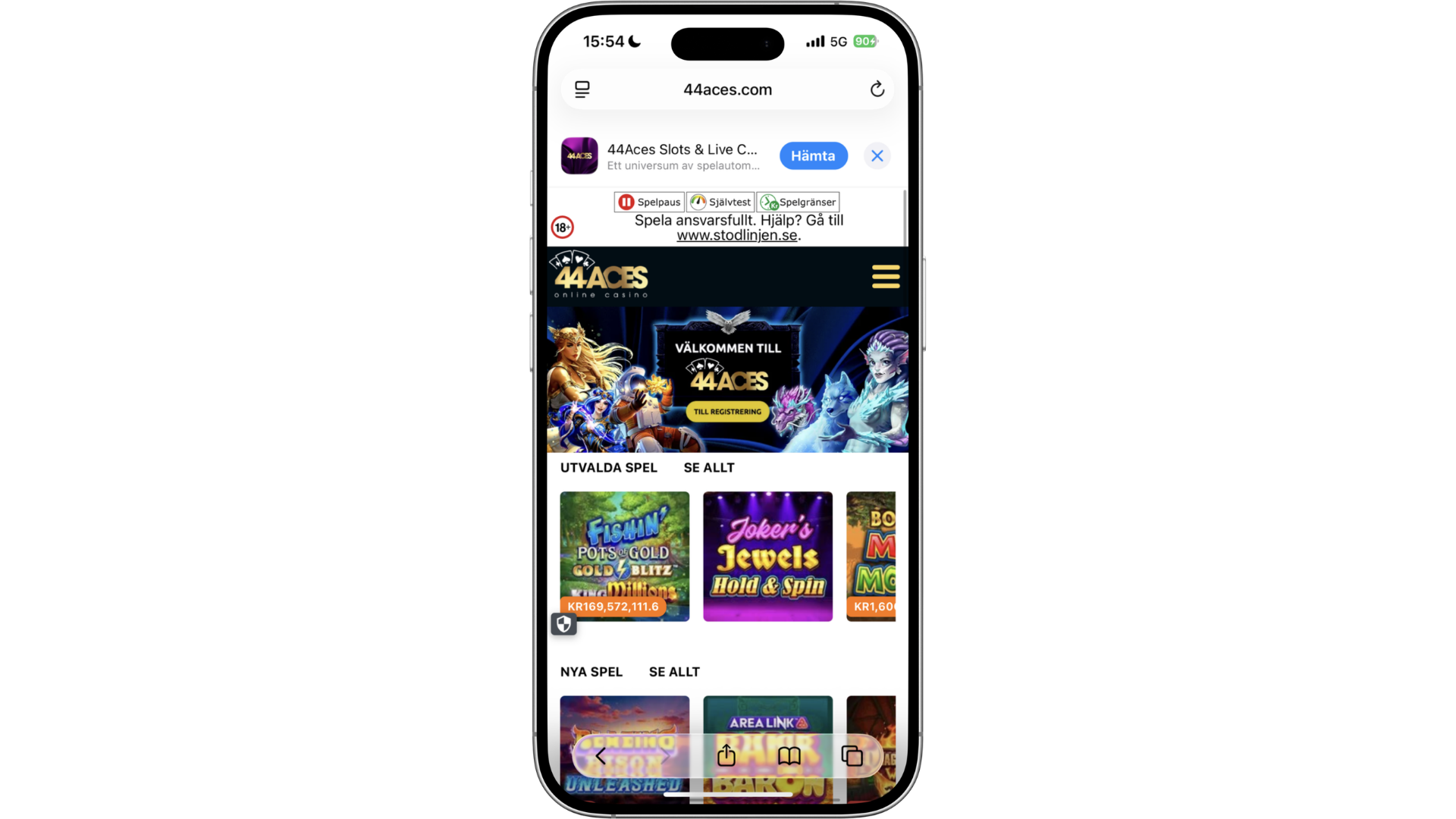 44Aces startsida i mobilversion med utvalda och nya casinospel.