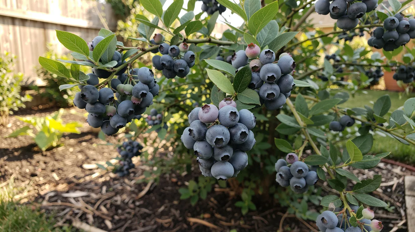 The image features a mature blueberry bush in a home garden, heavily laden with clusters of ripe blue berries, showcasing the abundant crop ready for harvest. Surrounding the bush are healthy plants, indicating a well-maintained garden environment.