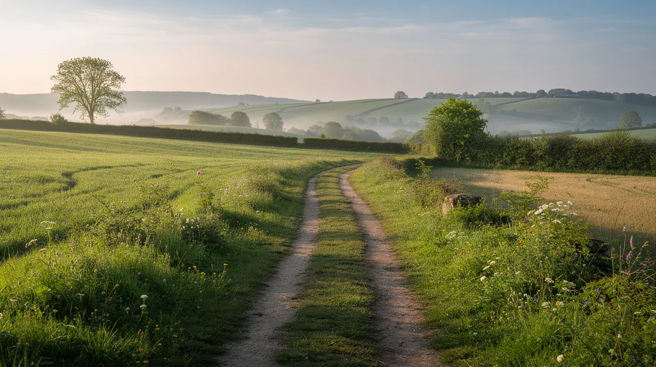 The image depicts a winding footpath meandering through a lush green countryside, symbolizing a journey that may reflect the challenges of benzodiazepine withdrawal. This serene landscape contrasts with the severe withdrawal symptoms some may experience, highlighting the emotional and physical journey of those overcoming benzodiazepine dependence.