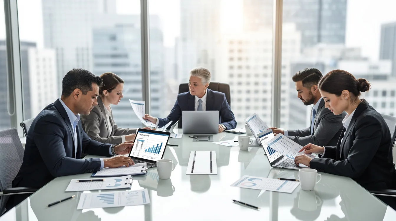 In the image, a group of office workers is gathered around a conference table, intently reviewing financial documents related to employee retention credits and tax returns. They appear focused on discussing qualified wages and the potential impact of a significant decline in gross receipts on their business operations.
