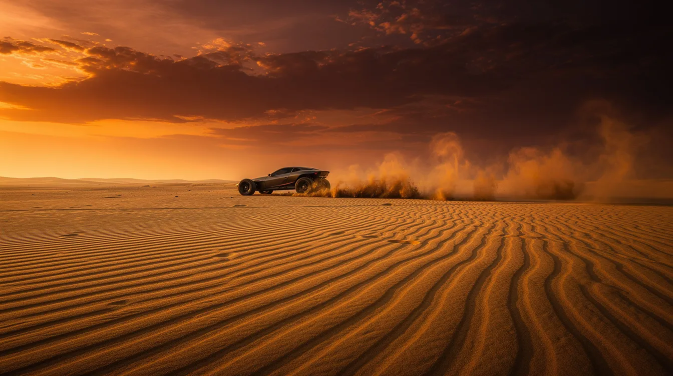 Eine weite Wüstenlandschaft bei Sonnenuntergang, in der ein futuristisches Fahrzeug durch Staubwolken fährt, während der Himmel in dramatischen orange und roten Farben leuchtet. Diese Szene könnte Teil eines epischen Films sein, der in der Filmgeschichte als einer der besten Filme aller Zeiten angesehen wird.