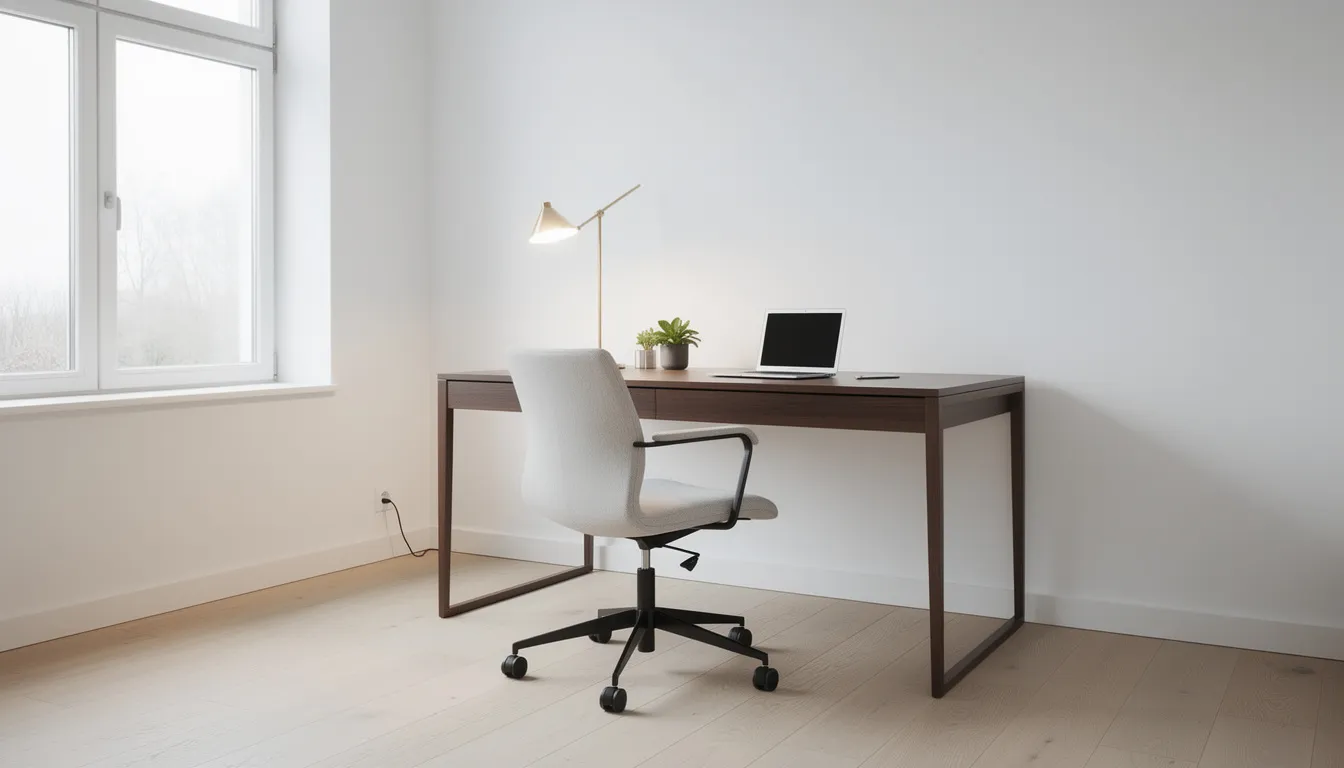 Ett modernt valnötsskrivbord i ett ljust hemmakontor, kompletterat med en stilren designlampa och en elegant kontorsstol. Rummet har en ren och funktionell stil, vilket ger en inspirerande arbetsyta.