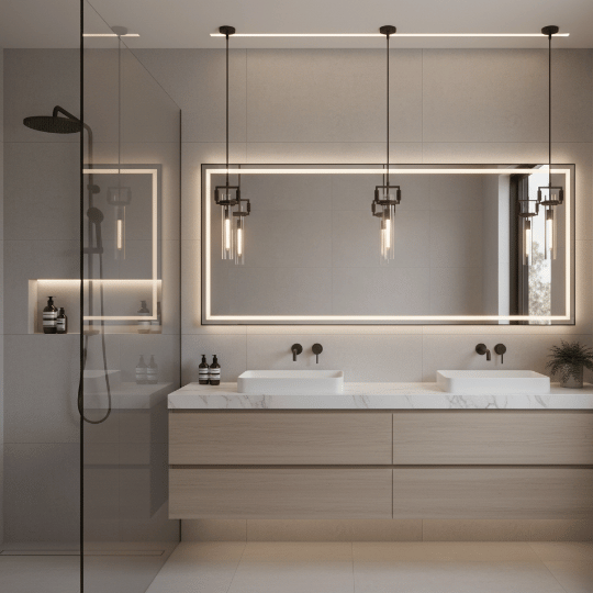 Double vanity bathroom with three pendant lights, a slim linear ceiling light, and a large backlit mirror beside a glass shower.