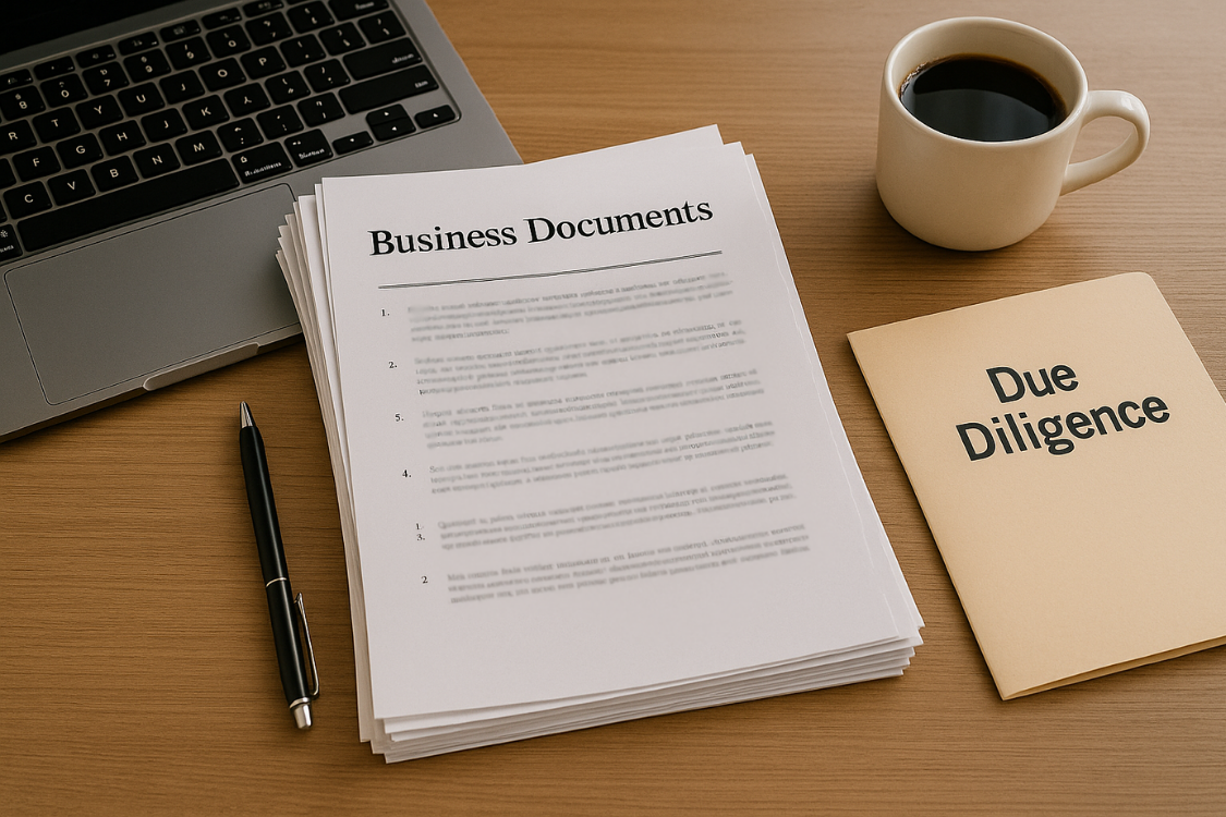 Business sale documents and due diligence folder on a desk.