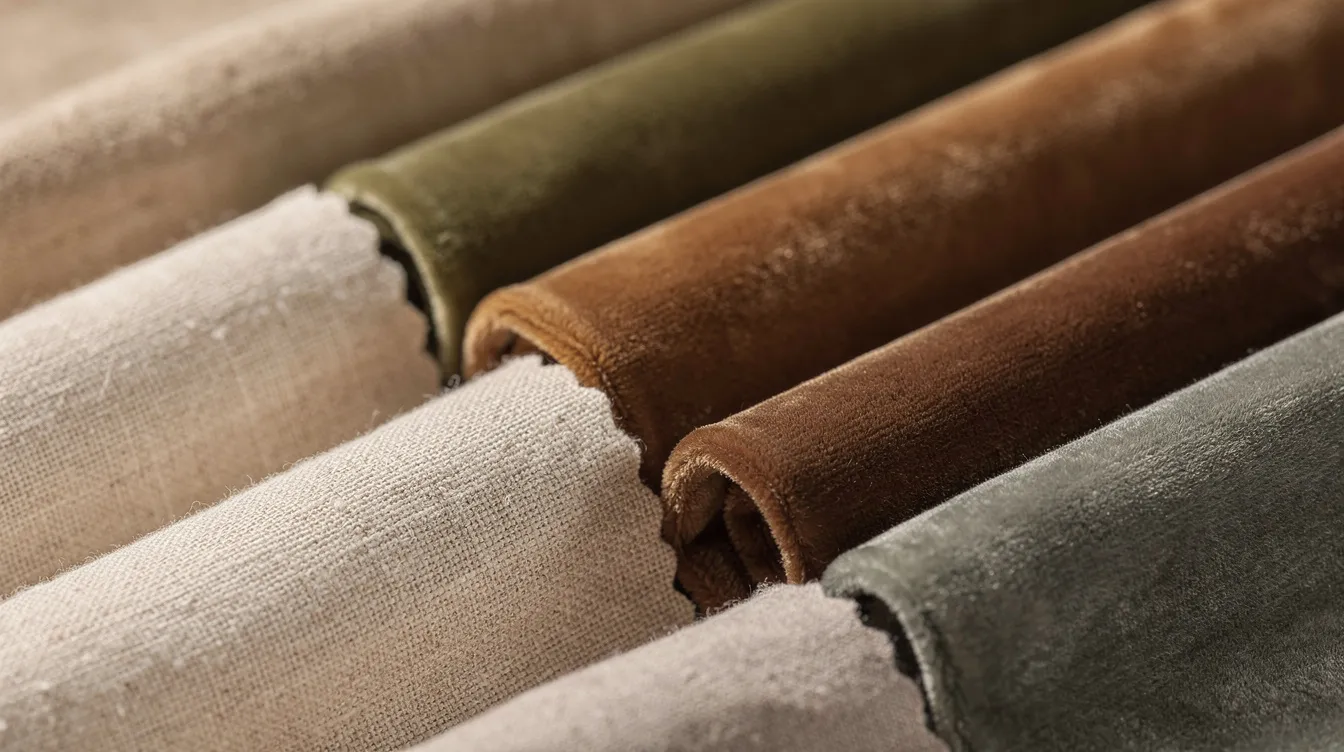 Närbild på olika tygprover i linne, bomull och sammet, i naturnära färger som ger en mjuk och harmonisk känsla. Dessa material passar bra för att skapa taklampor och tyglampor som kan användas i olika rum för att ge en varm belysning.