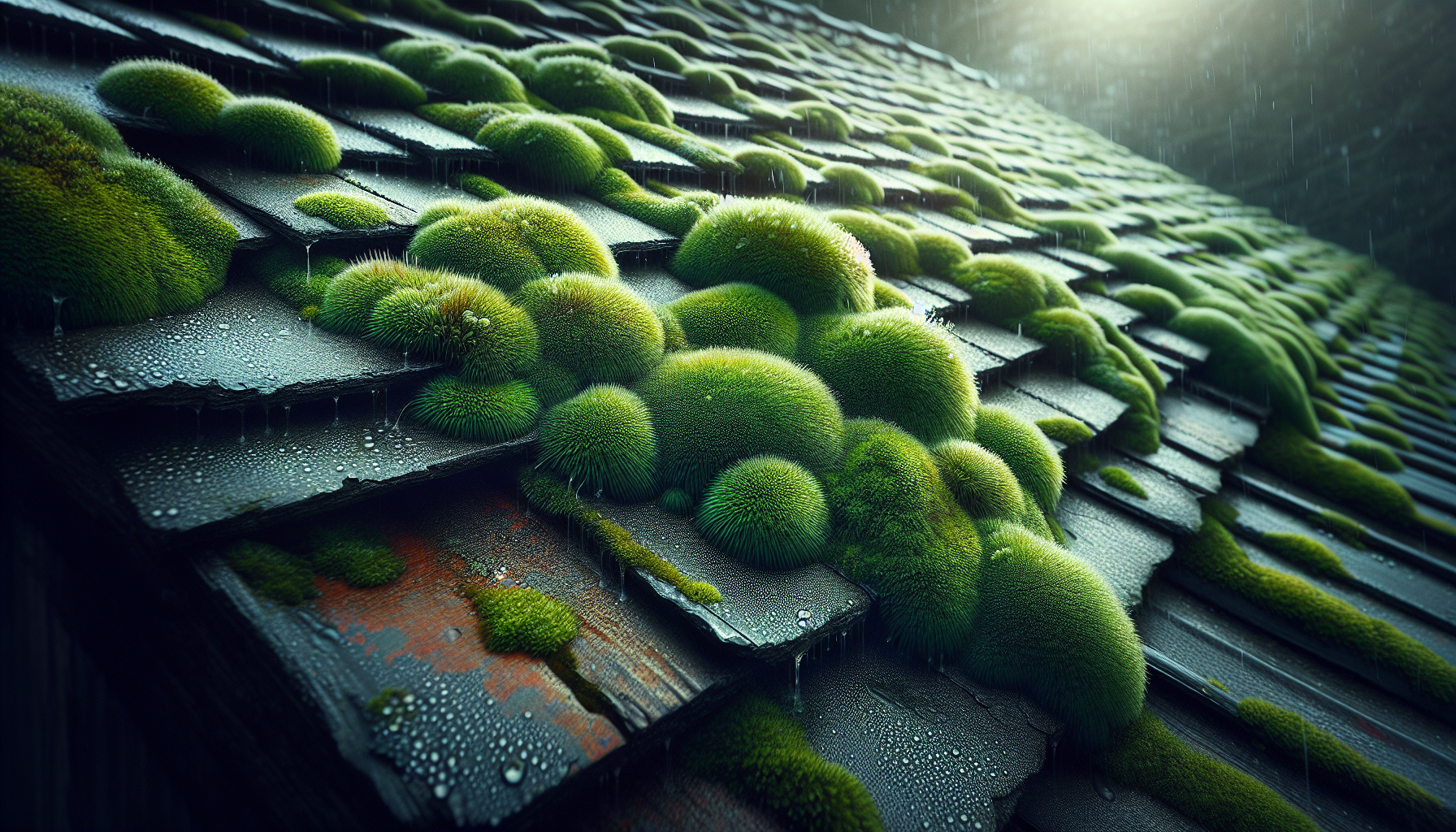 Illustration of moss buildup on a roof surface