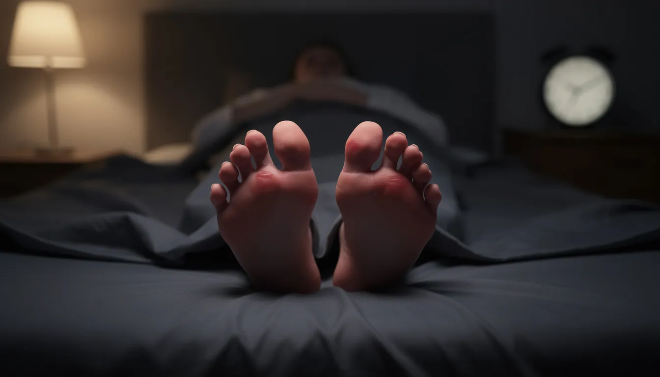 Person lying in bed with feet exposed, struggling with toe pain at night that keeps them awake
