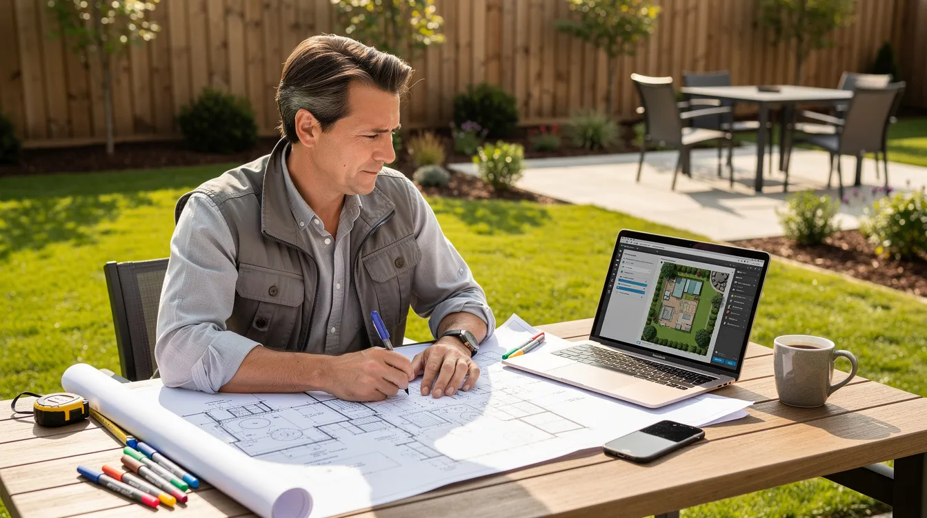 A landscape designer is seated at a table outdoors, examining blueprints and a laptop, with a residential backyard featuring various outdoor elements in the background. The scene highlights the design process of creating a harmonious outdoor space, showcasing the integration of softscape and hardscape elements.