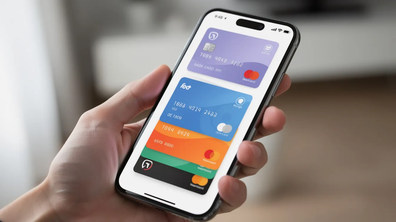 The image shows a smartphone screen displaying a digital wallet filled with various payment cards, including visa payment accounts, allowing users to manage their payment methods easily. The interface highlights the convenience of mobile payments and provides quick access to transaction history and card information.