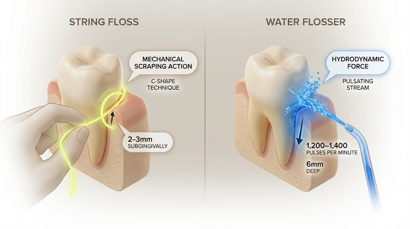 What Are the Differences in Mechanism Between Water and String Floss?