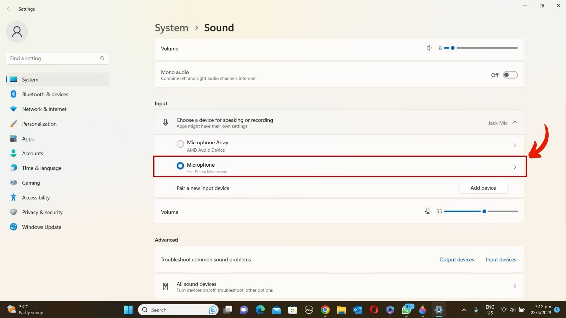 Selecting mic input for Windows 11