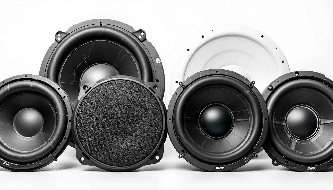 The image depicts a variety of cheap subwoofer brands, highlighting visible quality issues such as poor construction and damaged components. Brands like Planet Audio and Zed Audio are featured, serving as a discussion starter on sound quality and personal preference in car audio systems.