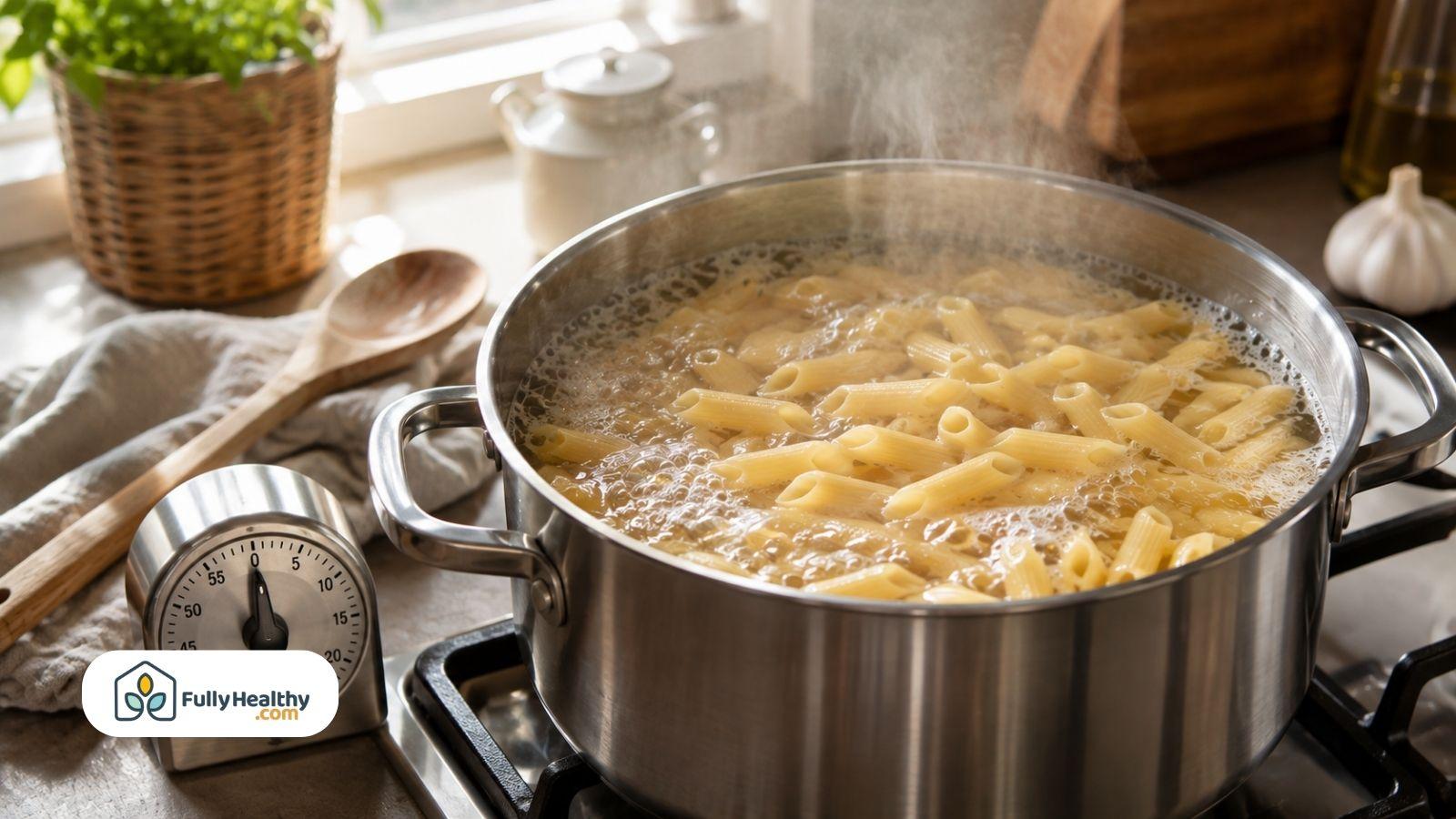 Penne pasta boiling in large pot beside kitchen timer