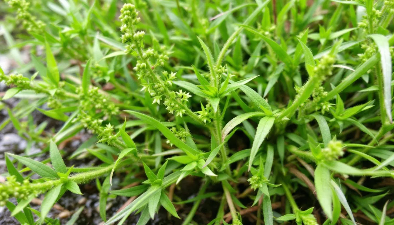 The image depicts Galium aparine, commonly known as cleavers, a fresh herb characterized by its green, leafy appearance and delicate stems. This plant is recognized for its traditional use in herbal remedies to support the immune system, reduce swelling, and treat various conditions such as skin irritations and bladder infections.