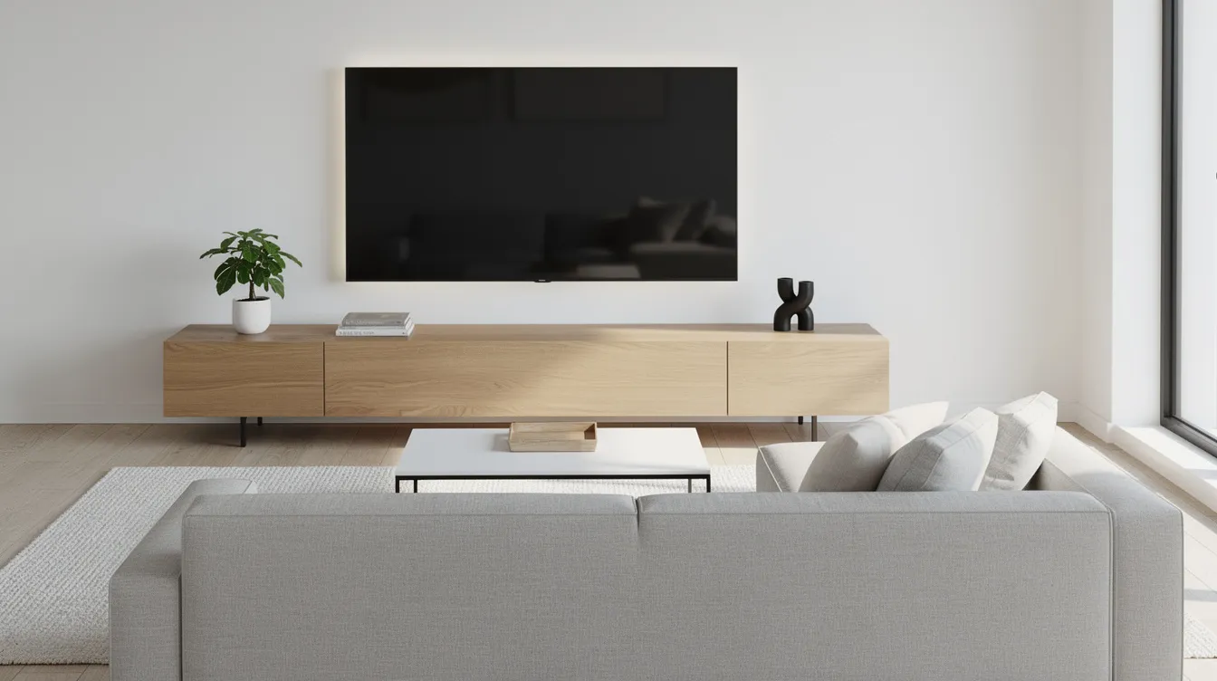 Ett modernt vardagsrum med en stilren tv bänk i trä som erbjuder smart förvaring. Rummet har minimalistisk inredning och en vägghängd tv som ger en elegant känsla.