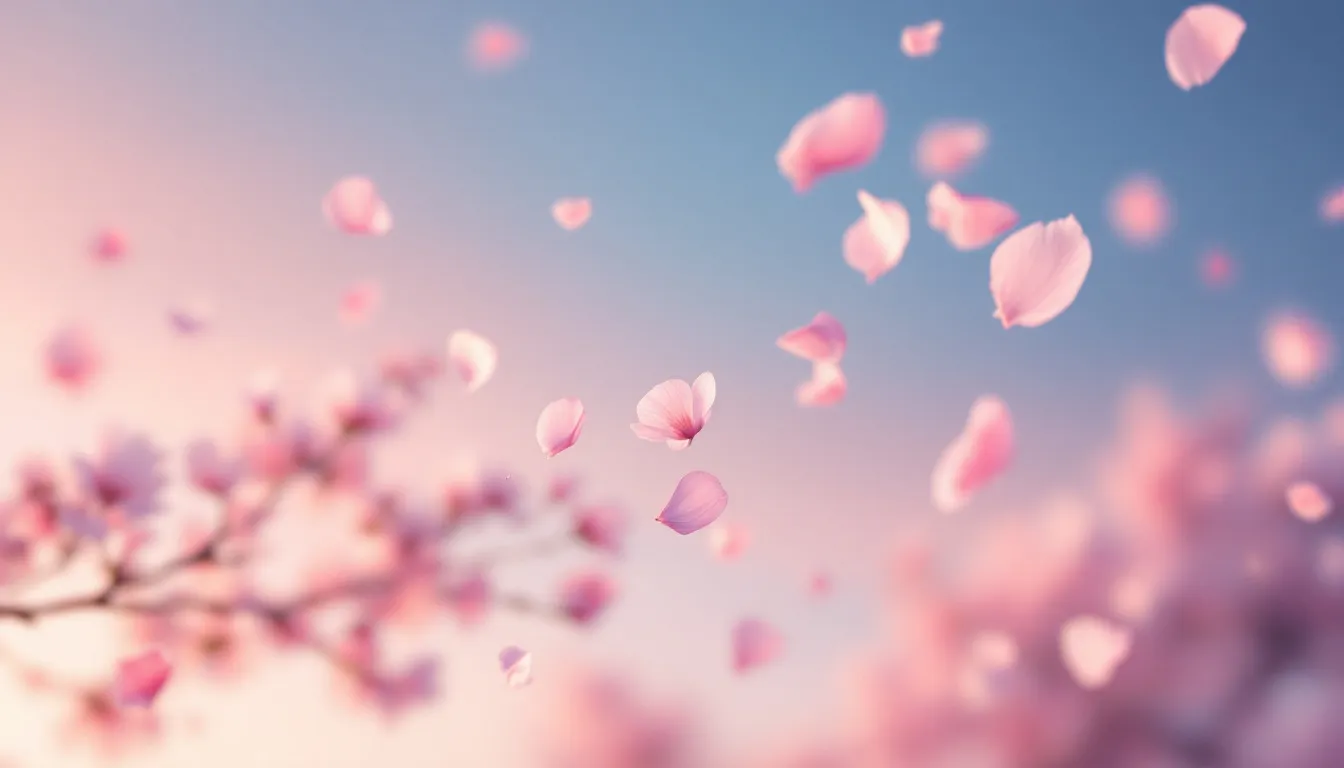 The image features delicate cherry blossoms in full bloom against a soft morning sky, creating a lovely reminder of nature's beauty. The flowers, symbols of joy and renewal, evoke the sentiment that "earth laughs in flowers," inviting a sense of peace and inspiration.