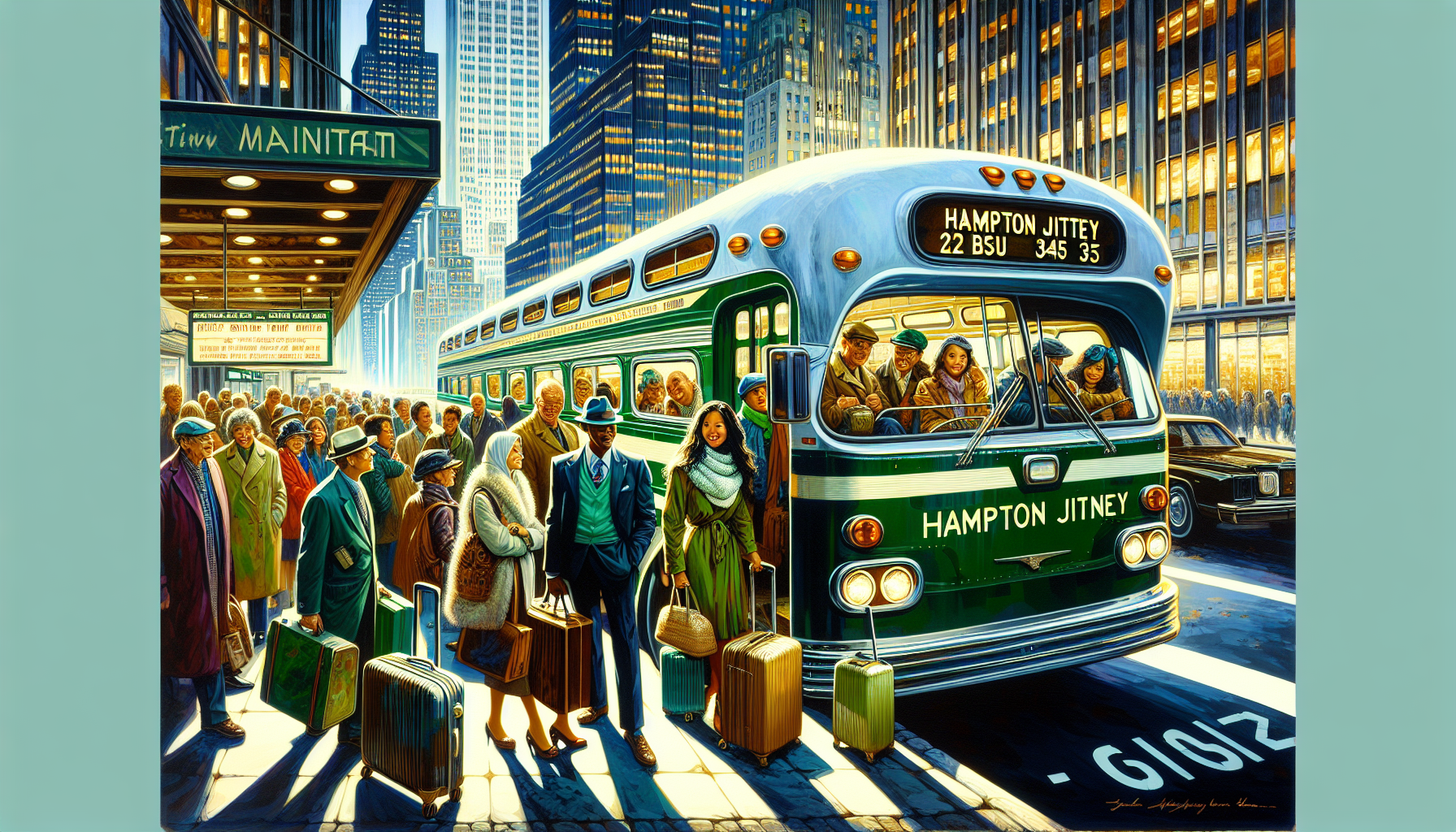 Illustration of passengers boarding a Hampton Jitney bus in NYC