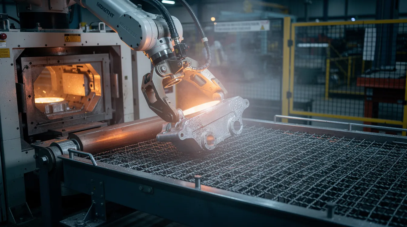 A robotic arm is actively transferring a freshly cast aluminum part from a die casting machine to a cooling conveyor, showcasing the efficiency of the die casting process in mass production. The scene highlights advanced die casting machines at work, emphasizing the precision and speed involved in producing high-quality aluminum die casting parts.